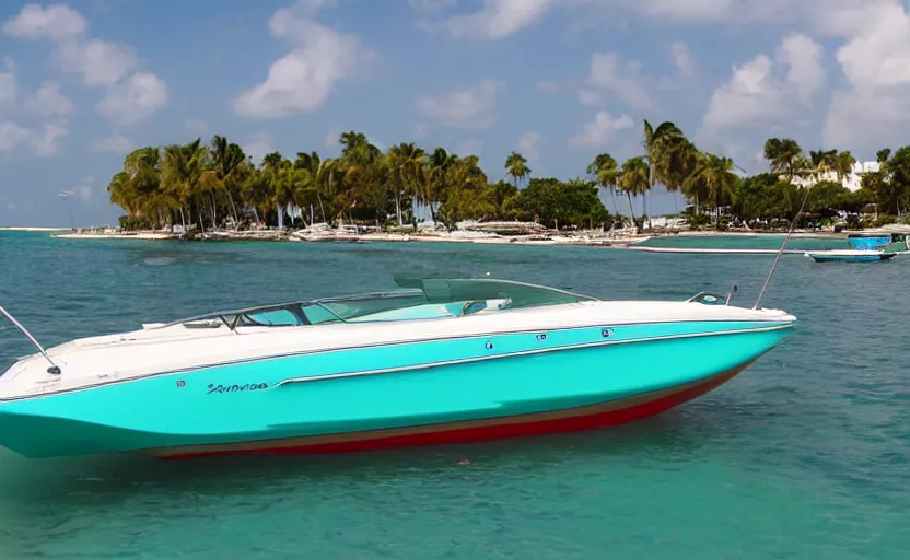 Image similar to a sport boat in a turquoise water. miami. 8 0's style