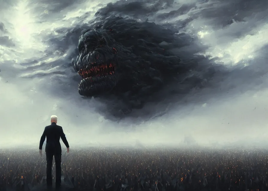 Prompt: large abstract painting of giant grinning evil dark dynamic Joe Biden head emerging from cosmic clouds at giant immense crowd of person army, trending on ArtStation, masterpiece, by Greg Rutkowski, by Ross Tran, by Fenghua Zhong, octane, lightbeam eyes, soft render, clear facial features, oil on canvas,, moody lighting, cinematic, professional environment concept art