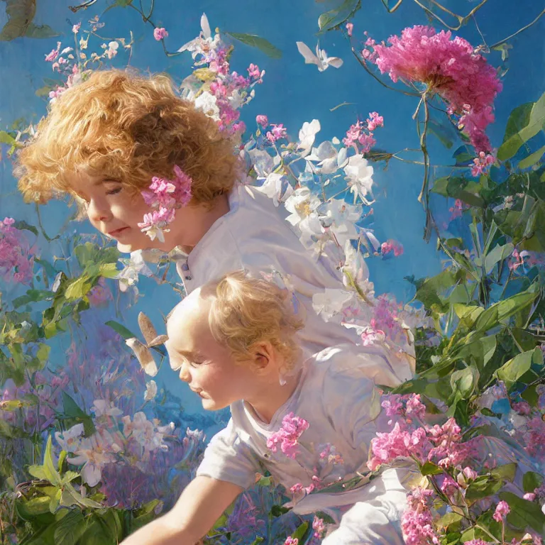 Prompt: a professional portrait of one swirly pink haired kid astronaut wearing baby blue greek clothes, muted colors, colorful flowers, tropical, sunlight filtering through skin, dynamic hair movement, dynamic pose, glowing butterflies, j. c leyendecker, by alan lee, wlop! illustrated by starember, fantasy art by craig mullins