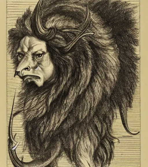 Image similar to a creature with the body and eyes of a man, with the beak of an eagle, the mane of a lion, and the horns of an ox. drawn by francis bacon