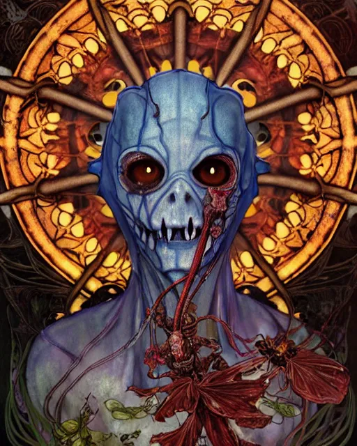 Image similar to the platonic ideal of flowers, rotting, insects and praying of cletus kasady carnage davinci dementor chtulu mandala ponyo dinotopia bioshock the witcher, fantasy, ego death, decay, dmt, psilocybin, concept art by randy vargas and greg rutkowski and ruan jia and alphonse mucha