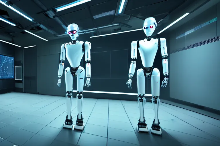 Image similar to full body robot with human mask on wheels, background data server room, neon and dark, illumination ray tracing hdr render in i am robot movie shot