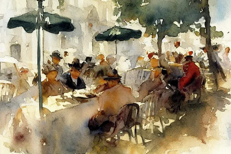 Prompt: abstract watercolor painting of first summer day, portuguese cafe, cinematic light, national romanticism by anders zorn