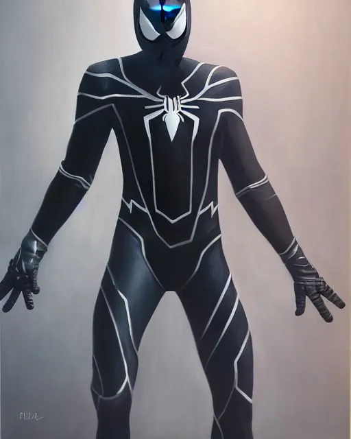 Image similar to hybrid of a stealth suit and spider - man, photorealistic oil painting, hyperdetailed, realistic