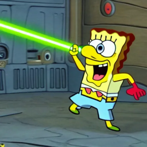 Image similar to spongebob squarepants as a star wars jedi holding a lightsaber