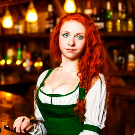 Prompt: beautiful bar maid with auburn hair and green eyes, in a medieval tavern at night, cinematic, filmic