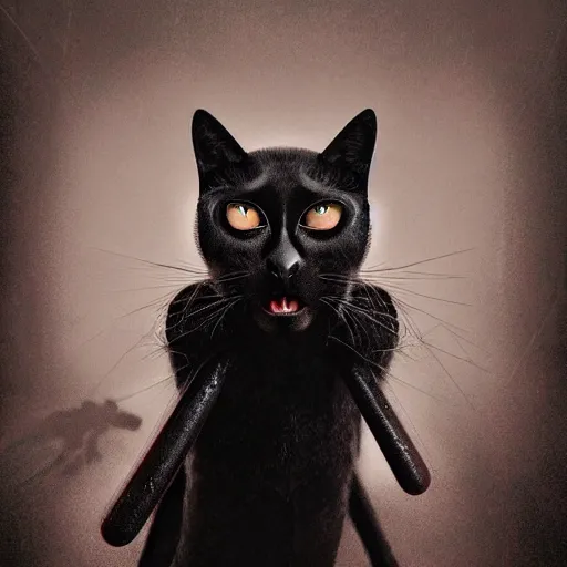 Prompt: [ threateningly supposed evil anthropomorphic black cat ]! illustrated by [ trevor henderson ]!, horror! art style, macabre feel, dark! atmosphere and lighting, 4 k photorealistic! photography, shot by jimmy nelson, trending on [ unsplash ]!, contest winner, cgsociety photorealism, award winng