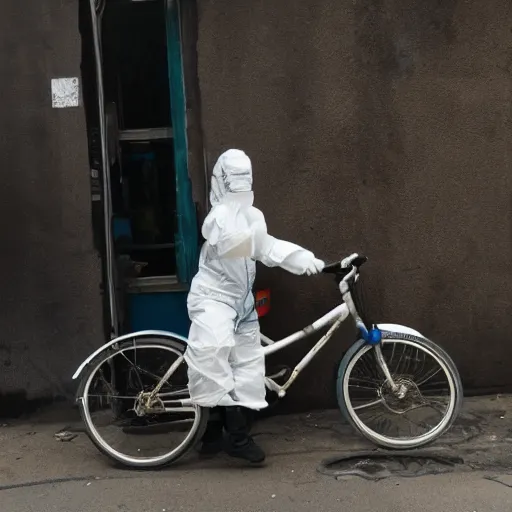 Image similar to a photo of a female wearing a hazmat suit, riding a bike, side-view, smoke in the background, filthy streets, broken cars. Vines growing. Jpeg artifacts. Full-color photo. Color color color color color. Award-winning photo. OM system 12–40mm PRO II 40mm, 1/100 sec, f/2 8, ISO 800