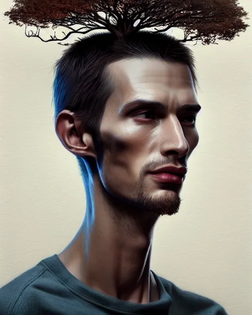 Image similar to semi realistic portrait of a skinny man having tree different eyes with a huge and big Adam's apple by Stanley Artgerm Lau, WLOP, Rossdraws, James Jean, Andrei Riabovitchev, Marc Simonetti, and Sakimichan, trending on artstation