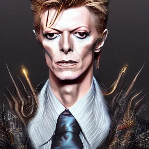 Image similar to a portrait of david bowie as a wizard, upper half portrait, urban motifs, intricate, elegant, highly detailed, digital painting, trending on artstation, concept art, smooth sharp focus, illustration, art by artgerm and greg rutkowski