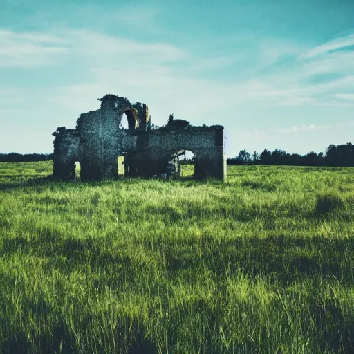 Prompt: grasslands, ( ( house ) )!!!!! ( ( ( ( ( ( ruins ) ) ) ) ) ), [ 4 k photorealism ]!!!, trending on unsplash, intricate, zoomed out photography