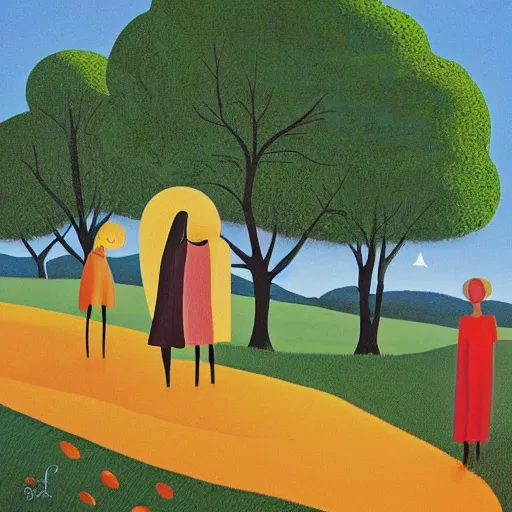 Image similar to Print, the warm, golden light of the sun casts a beautiful glow on the scene, and the gentle breeze ruffles the leaves of the trees. The figures in the print are engaged in a simple activity, the way they are positioned and the expressions on their faces suggest a deep connection. Peace and contentment, idyllic setting. by Debbie Criswell sinister