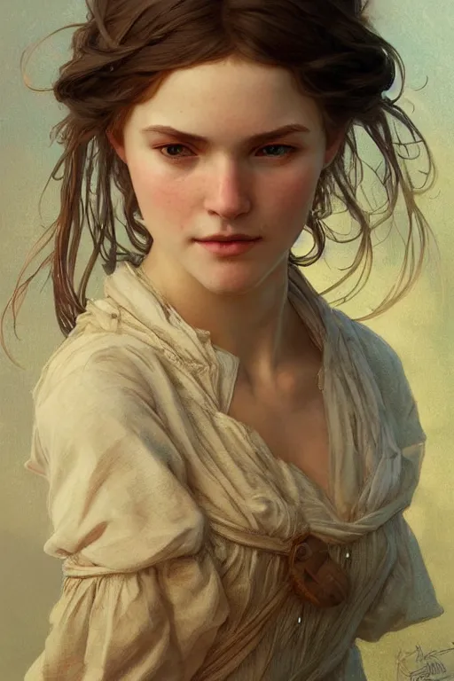 Image similar to beautiful cottagecore young peasant maiden, innocent, intricate, elegant, highly detailed, digital painting, artstation, concept art, smooth, sharp focus, illustration, art by artgerm and greg rutkowski and alphonse mucha