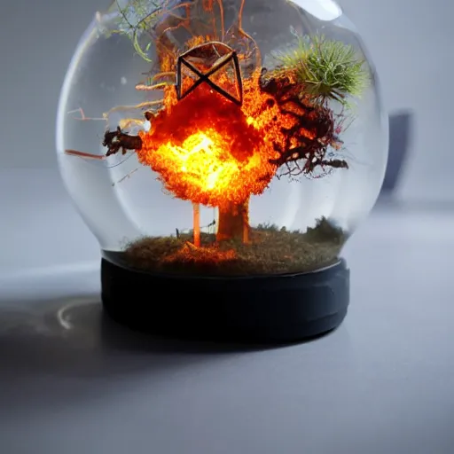 Image similar to a terrarium with nuclear reaction having meltdown, on top of a minimalist table, lit from the side