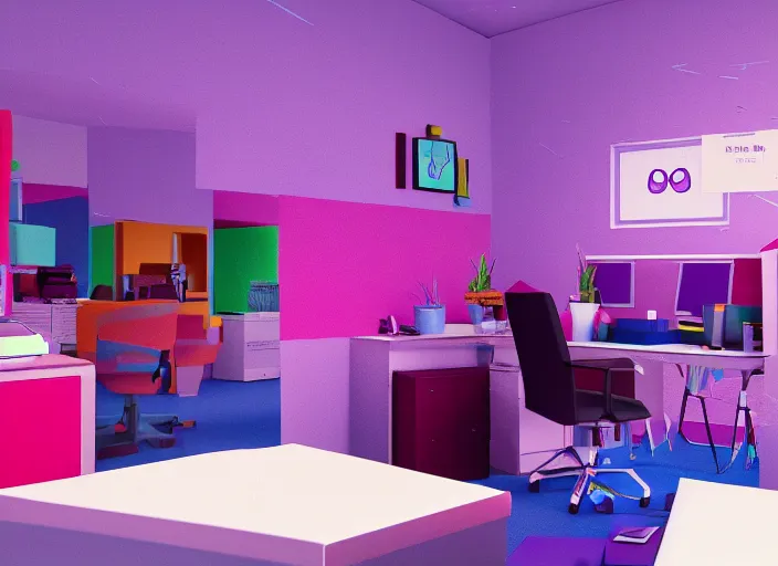 Image similar to steven universe inspired stanley parable office, colorful render in blender 3 d, normal workplace office, uhd, pastel 8 0 s, stylized