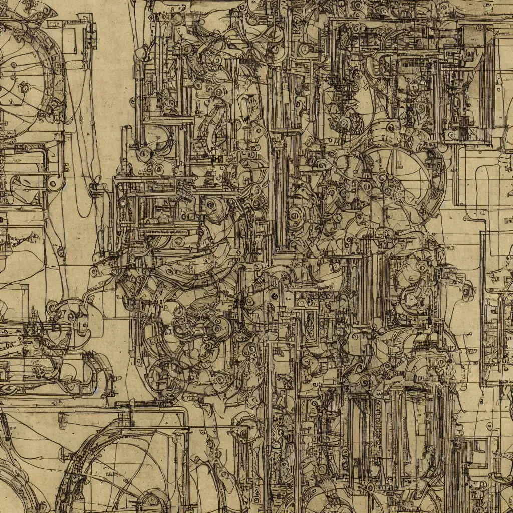 Image similar to close - up on detailed, intricate technical drawings from 1 8 4 0 with extensive written labels and covered in scribbled pencil notes, for a mechanical display attachment to babbage's difference engine, showing a screen playing tetris