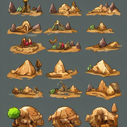 Prompt: A game assets spritesheet by dofus by artgem lu . HD vector Containing modular props, terrain, trees, 2d side view, platform, vector art, very detailed