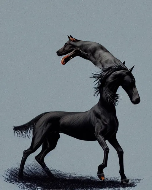 Image similar to painting of hybrid between black weimaraner & black stallion horse! & intercrossed animal, by mattias adolfsson, by tiffany bozic, cold hue's, concept art, single object scene, beautiful composition, 8 k, digital painting