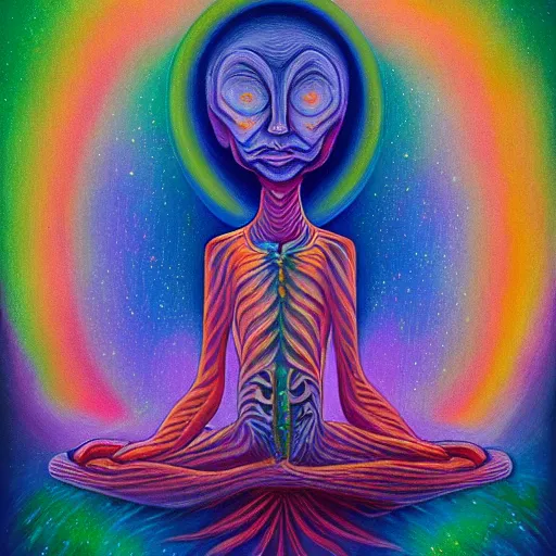 Image similar to painting of a tranquil alien made of galaxy and space meditating in dense forest by alex grey, acrylic art, ethereal, soothing, somber, elegant, warm light, cozy