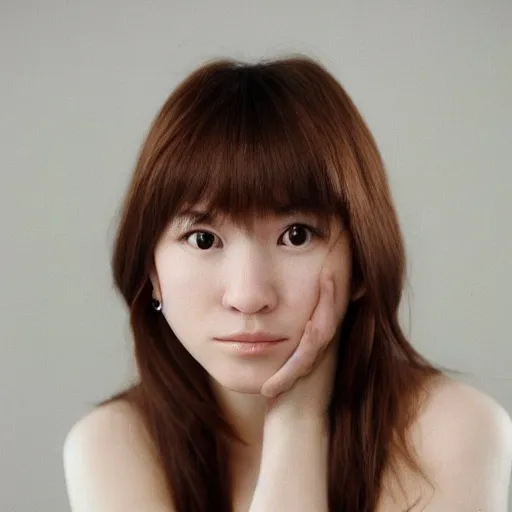 Prompt: portrait of a young woman, brown hair and bangs, mostly white with slight korean ancestry, a slightly big nose, slightly big jaw