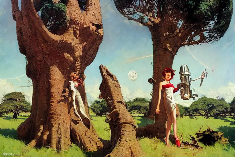 Image similar to 5 0 s pulp scifi illustration, space girl beside baobab tree on expansive english country lawn, by norman rockwell, morgan weistling, john berkey, earle bergey, craig mullins, ruan jia, chris foss, jeremy mann, tom lovell, tyler edlin, wadim kashin