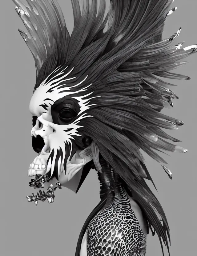 Image similar to 3 d goddess close - up profile simple portrait punk with mohawk with tiger skull. beautiful intricately detailed japanese crow kitsune mask and clasical japanese kimono. betta fish, jellyfish phoenix, bio luminescent, plasma, ice, water, wind, creature, artwork by tooth wu and wlop and beeple and greg rutkowski