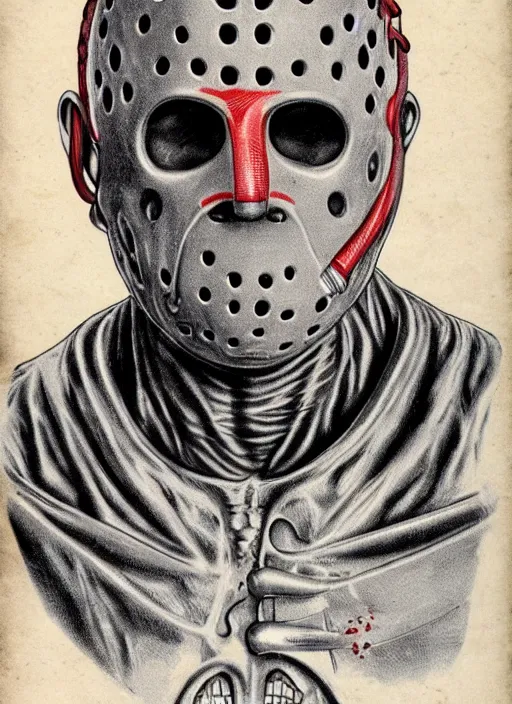Image similar to vintage medical anatomical illustration of jason voorhees from friday the 1 3 th, highly detailed, labels, intricate writing