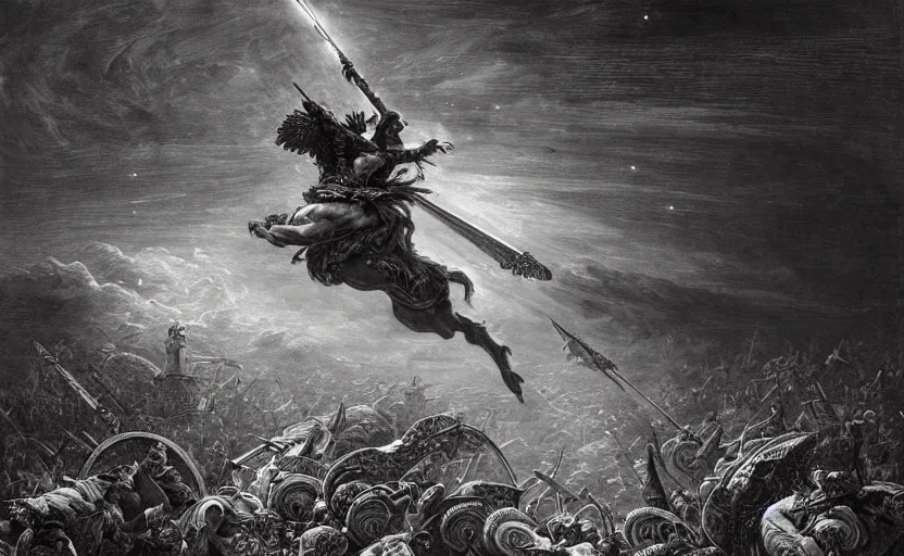 Prompt: highly detailed and cinematic romantic the great greek warrior with a spear piercing the edge of the universe from the book of the long sun by gene wolfe, highly detailed painting by gustave dore