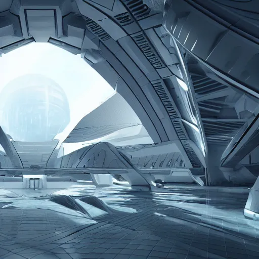 Prompt: photo of alien futuristic architecture, open white spaces glowing tech, scifi, intricate, detailed, unreal engine 5, photo - realism, hyperreal