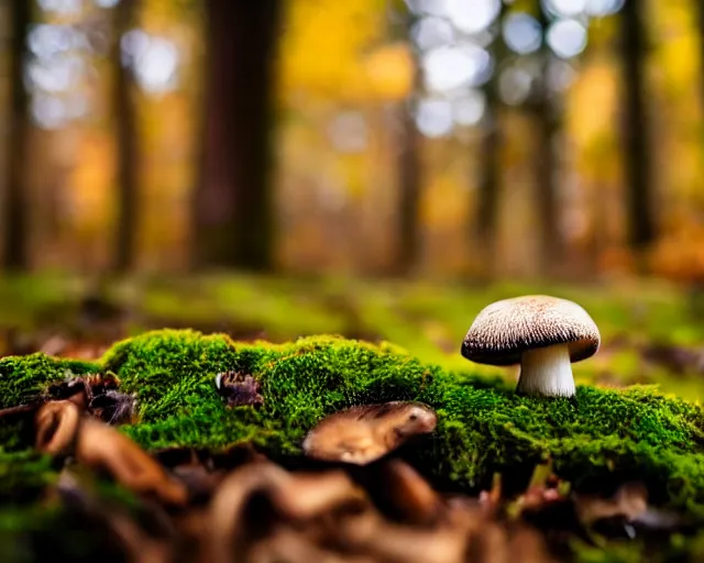 Image similar to a mushroom in a forest, moss, autumn, warm colors, photography, depth of field