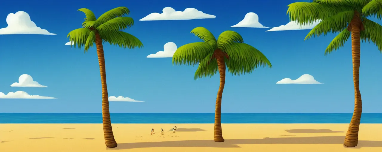 Prompt: illustration of a beach horizon with clouds and one palm tree in the style of goro fujita