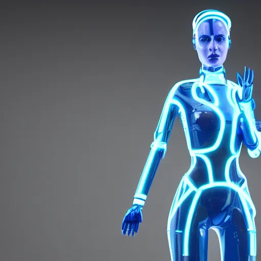 Image similar to a beautiful female robot human hybrid wearing a blue latex jumpsuit, circuitry glowing through the suit like tron, face, torso, legs, feet, epic angle, octane render, photo realistic, hyper realistic, 8 k resolution in the style of alvin schwartz