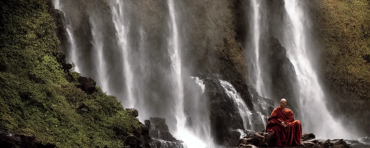 Image similar to dang ngo, annie leibovitz, steve mccurry, a simply breathtaking shot of mediating monk at one giant waterfall, wide shot, symmetrical