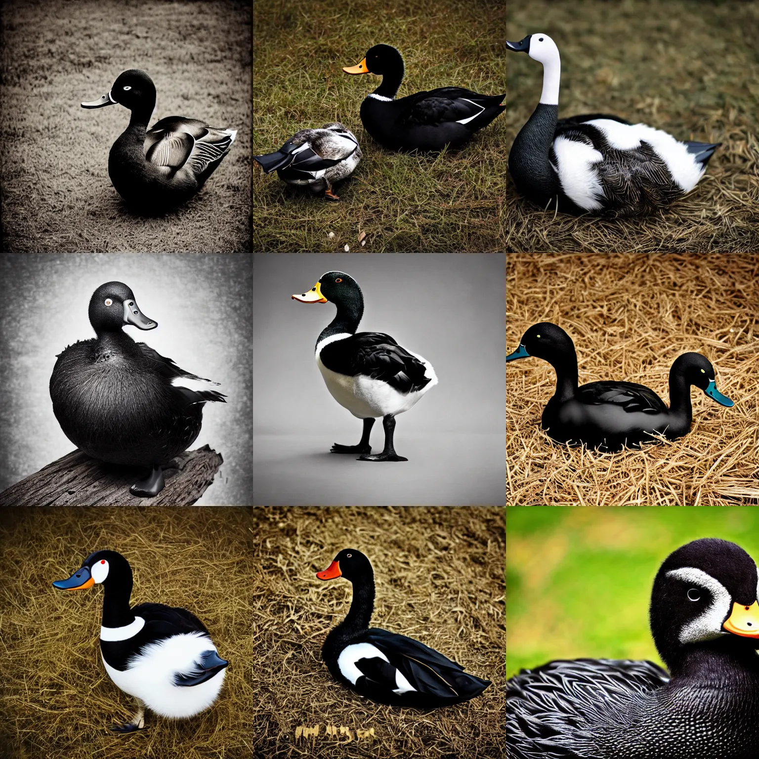 Prompt: black metal duck with corpse paint, animal photography