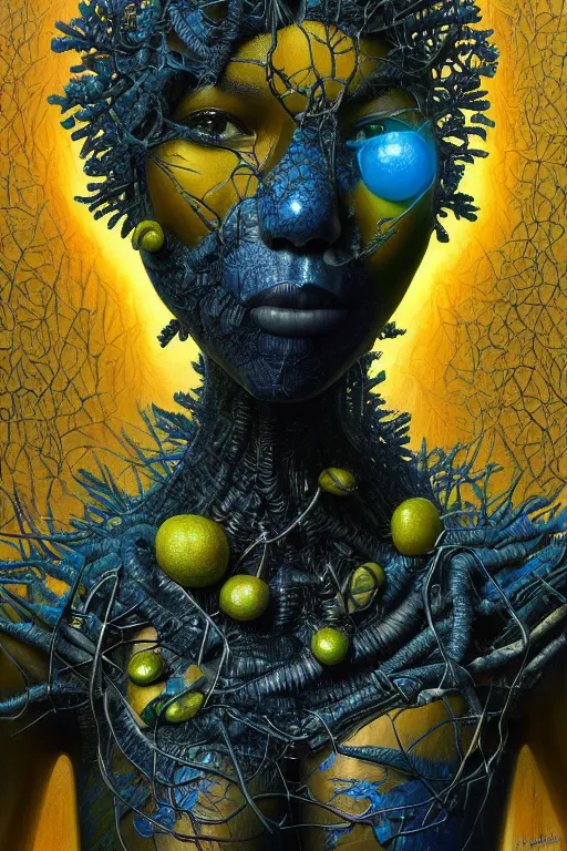 Prompt: hyperrealistic deconstructed super expressive! black woman with exoskeleton armor, merging with tree in a forest, highly detailed digital painting masterpiece smooth hannah yata brad kunkle dramatic pearlescent blue yellow light ground angle hd 8k sharp focus