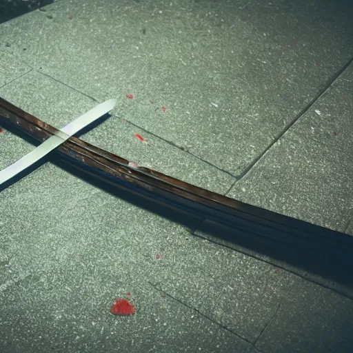 Image similar to an katana sword on the ground with blood stain, cinematic