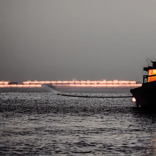 Image similar to high quality photo of Umibozu the japanese sea monster scary foggy night at sea boat next to it , photography 4k, f1.8 anamorphic, bokeh, 4k, Canon,