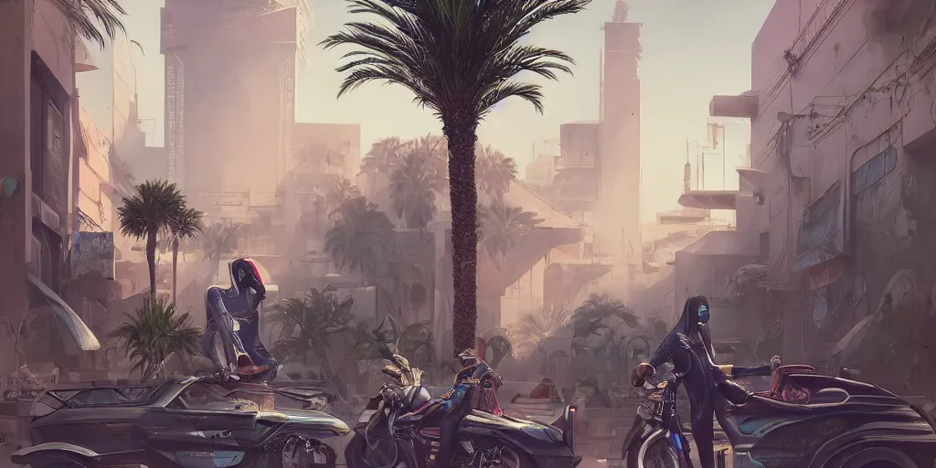 Image similar to Cyberpunk Marrakech, palm trees, Flying vehicles ,Moroccan mosque ,WLOP, James Jean, tom bagshaw, rococo, trending on artstation, fantasy, intricate, elegant, highly detailed, digital painting, concept art, smooth, illustration, cinematic lighting, hyper realism, octane render, 8k, hyper detailed.