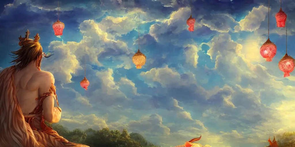 Image similar to painting of wind god enjoying the view from his heavenly palace, decorated with windchimes and paper lanterns, nature and clouds in background, digital art, trending on artstation