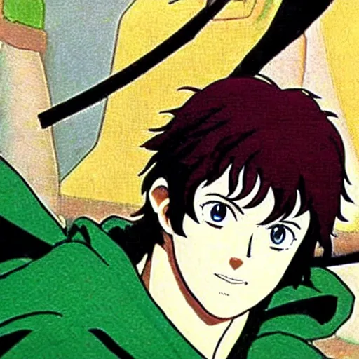 Image similar to pippin from the anime lord of the rings (1986), dark hair, green cape, studio ghibli, very detailed, realistic