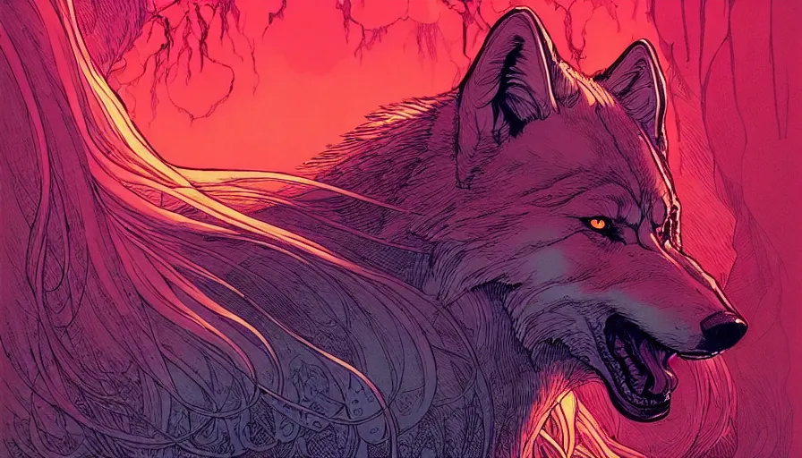 Prompt: blaidd wolf from elden ring by moebius and kilian eng, atmospheric, fine details, vivid, neon, masterpiece