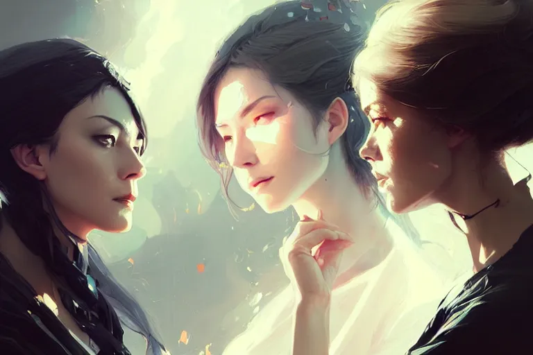 Image similar to portrait of two wise and very beautiful women discussing some texts appearing in a computer screen, art by guweiz and greg rutkowski, intricate, elegant, highly detailed, smooth, sharp focus, artstation