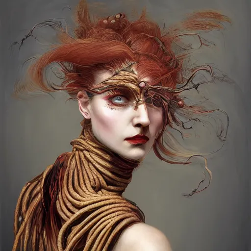 Image similar to portrait of a Shibari rope wrapped face and neck, headshot, insanely nice professional hair style, dramatic hair color, digital painting, of a old 18th century, traveler, amber jewels, baroque, ornate clothing, scifi, realistic, hyperdetailed, chiaroscuro, concept art, art by Franz Hals and Jon Foster and Ayami Kojima and Amano and Karol Bak,