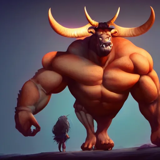 Image similar to upper body illustration of a minotaur, strong chest, big horns, mattepainting concept blizzard pixar maya engine on stylized background splash comics global illumination lighting artstation, sharp focus, lois van baarle, ilya kuvshinov, rossdraws