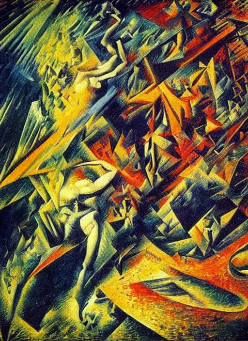 Prompt: flying metal oil on canvas by Umberto Boccioni, vivid colors, hyper detail, golden ratio HQ