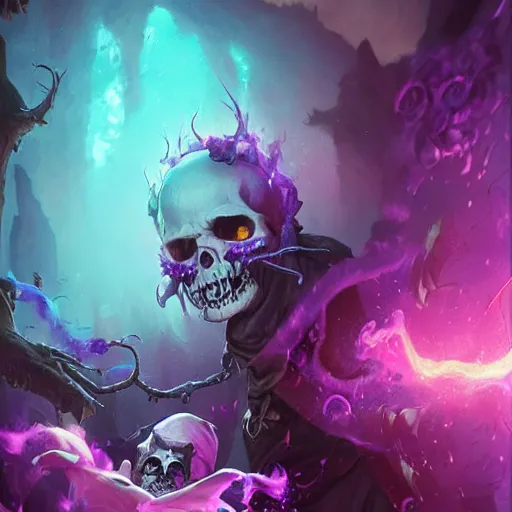 Image similar to floating skulls with violet smoke trails, two fangs, violet theme, epic fantasy digital art style, fantasy artwork, by Greg Rutkowski, fantasy hearthstone card art style