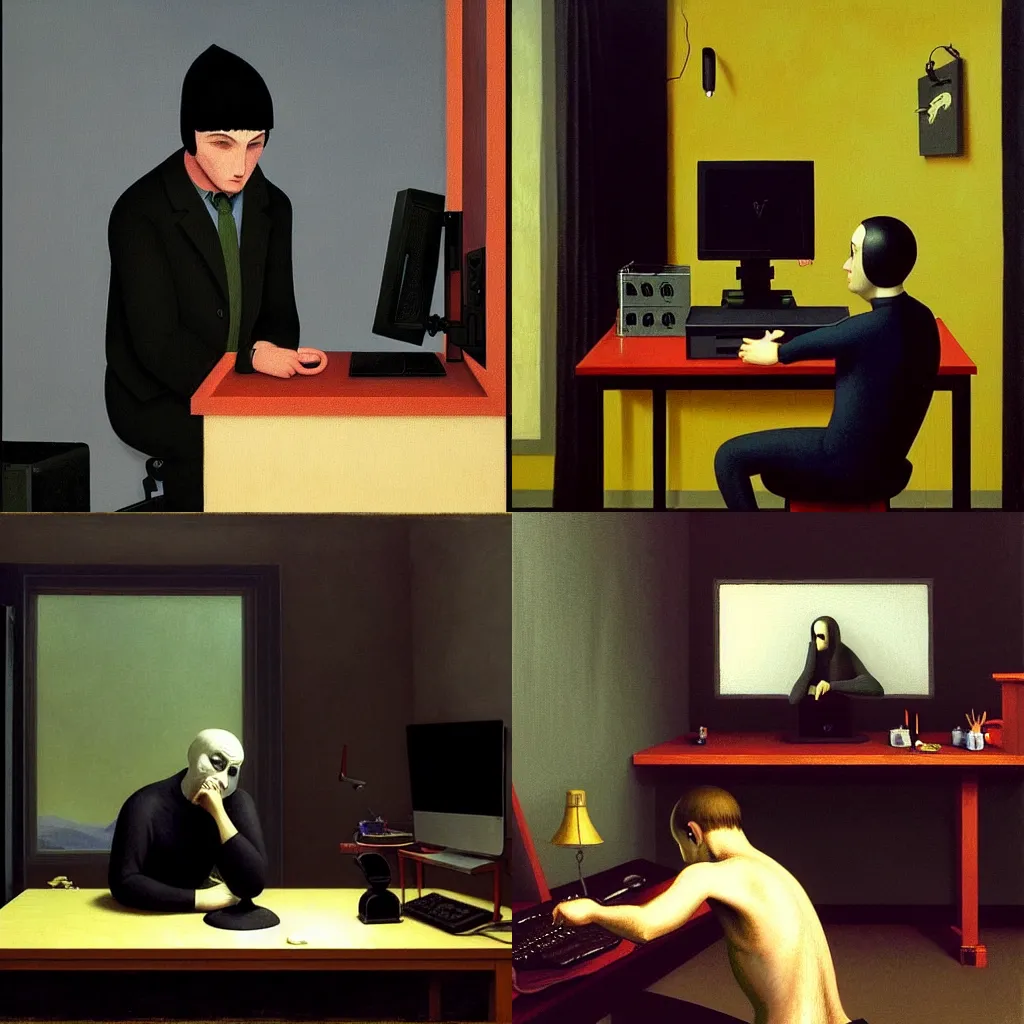 Prompt: an award - winning masterpiece gothic painting of a man getting ready to commit a brutal suicide on a live stream in front of a gamer computer setup workstation, by joan cornella, by greg rutkowski, by edward hopper, dark comedy, humor, satire, trending on artstation, featured on pixiv, cinematic composition, beautiful lighting, detailed, hd,