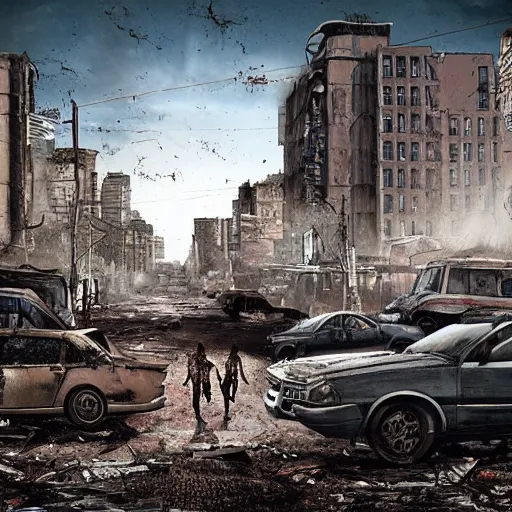 Prompt: a streetview of a post-apocalyptic city, infested with zombies, cinematic