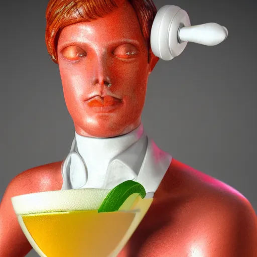 Image similar to close - up of white reneissance head holding a coctail, colorful coctail, digital painting, 3 d render, above the waist