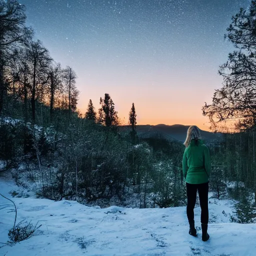 Prompt: a woman standing to the right in frame close to the camera, in a forest clearing on a small hill, looking towards a big glowing green hollywood sign that sits on top of a hill in the distant background, swedish northern forest, winter, aurora borealis, backlit, hasselblad, 4 k, cinematic